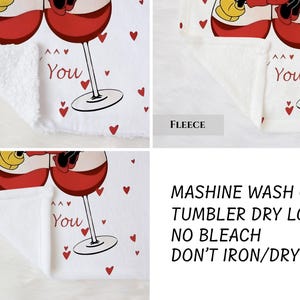 three different views of a red wine glass with a heart design, accompanied by text that provides care instructions for the item.