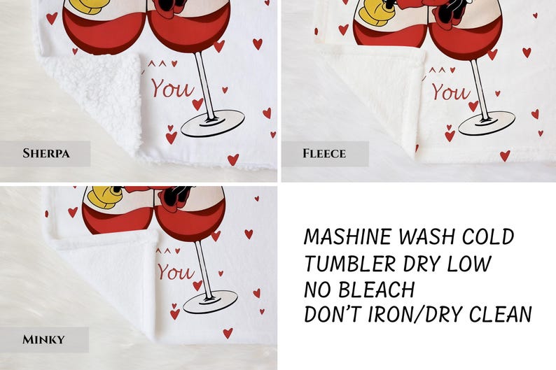 three different views of a red wine glass with a heart design, accompanied by text that provides care instructions for the item.