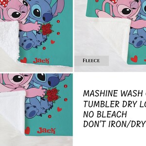 The image is a collage of four images featuring a character from the Disney movie "Stitch". The character is shown in various poses, such as hugging, holding flowers, and interacting with other characters. The collage includes text that provides instructions for washing and drying the towel, including the words "MASHINE WASH COLD TUMBLER DRY LOW NO BLEACH DON'T IRON/DRY CLEAN".