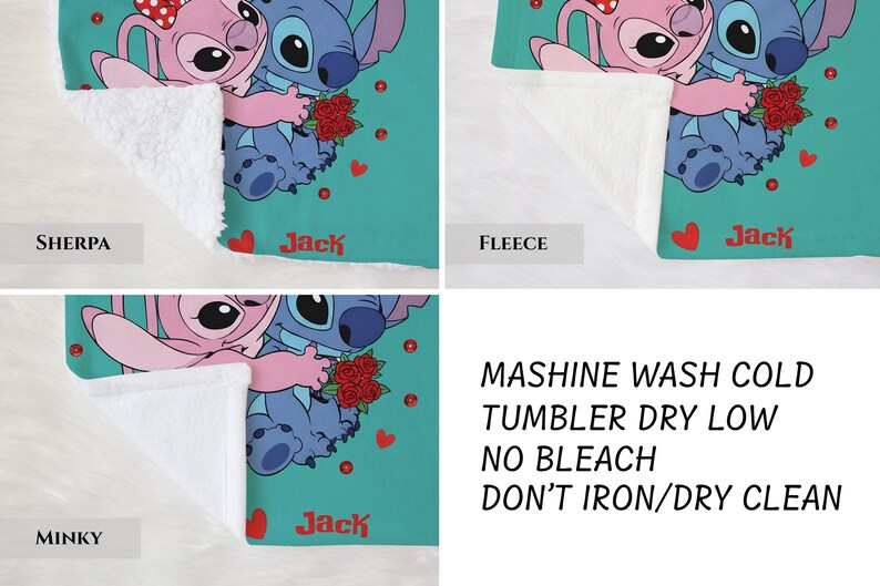 The image is a collage of four images featuring a character from the Disney movie "Stitch". The character is shown in various poses, such as hugging, holding flowers, and interacting with other characters. The collage includes text that provides instructions for washing and drying the towel, including the words "MASHINE WASH COLD TUMBLER DRY LOW NO BLEACH DON'T IRON/DRY CLEAN".
