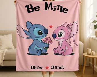 Personalized Stitch Be Mine Blanket, Disney Valentine Home Decor, Disney Love Blanket, Stitch and Angel Couple Blanket, Disney Couple Gift,
