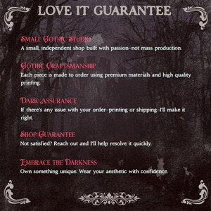 May include: A dark, gothic-themed graphic with text that reads "LOVE IT GUARANTEE." The text highlights the shop's commitment to quality, craftsmanship, and customer satisfaction. The background features a forest scene.