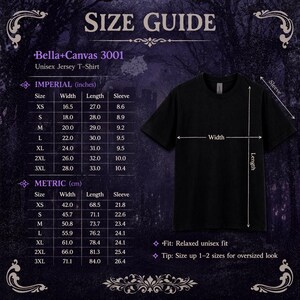 May include: A black Unisex Jersey T-Shirt with a size guide. The size guide includes measurements in inches and centimeters for sizes XS to 3XL. The shirt's width ranges from 16.5 to 28 inches, and the length ranges from 27 to 33 inches.