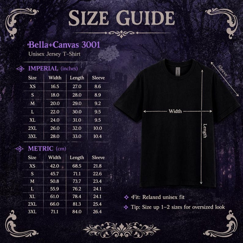 May include: A black Unisex Jersey T-Shirt with a size guide. The size guide includes measurements in inches and centimeters for sizes XS to 3XL. The shirt's width ranges from 16.5 to 28 inches, and the length ranges from 27 to 33 inches.