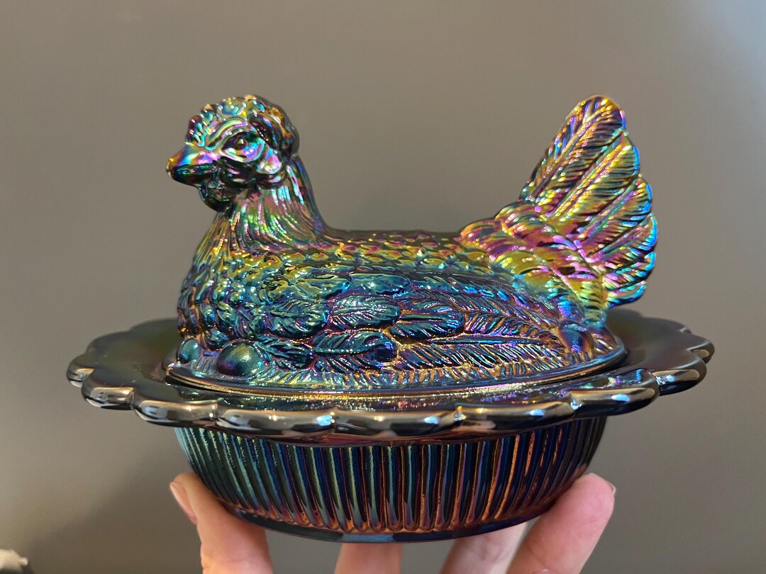 Mosser Hen on Nest, Heavy Iridescent Carnival Glass HON, Vintage