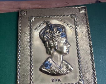 Queen Elizabeth Coronation brass coronation plaque, The Royal Family, unusual