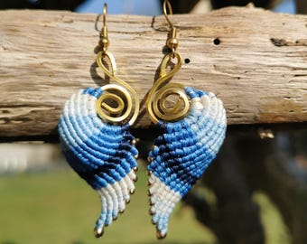 Brincos de macramê azul estilo boho/brincos de asa de anjo/joias hippie artesanais