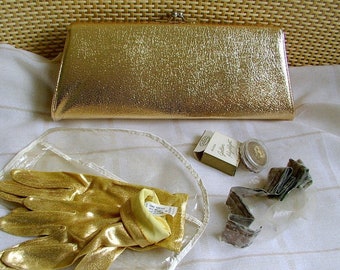 GOLD FOIL CLUTCH, Holiday Handbag, with Gold Metallic Gloves, Avon Makeup, and Rain Bonnet, vintage 50s 60's Holiday Vanity Lot