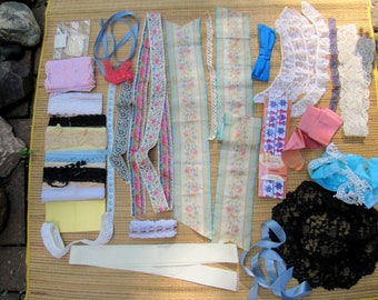 Yards of Trim, Bulk Lot Sewing Trim, Vintage Ribbons, Lace Eyelet Trim, Sewing Craft Lot, Over 30 Pcs