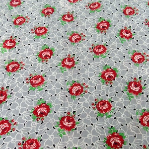 Old Cotton Print, Red Rose, Farmhouse Flower Print, 40&#39;s Made in USA, Curtains or Tablecloth Project, Quilting Fabric, 2 2/3 yds x 34 in.
