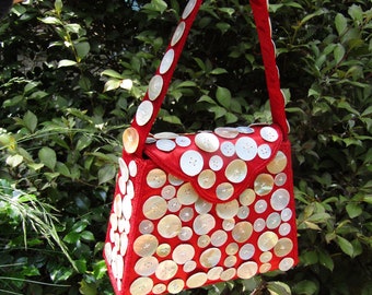 Vintage Button Handbag, Red Box Purse, Top Handle Tote, Ladies Handbag, Girls Purse, 6 x 6 1/2 x 3