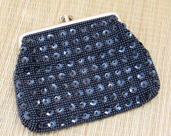 Vintage 50s, Black Handbag, Sequins Clutch, Beaded Clutch, Beaded Handbag, Small Evening Bag, Hong Kong