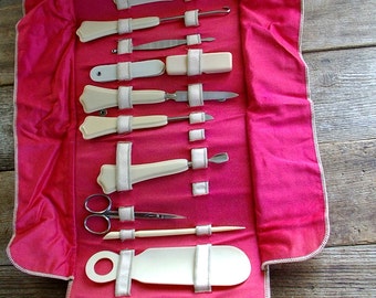 Vintage Manicure, 20s 30s Travel Case, Celluloid Vanity Set, Folding Tool Set