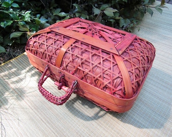 Wicker Handbag, Rattan Box, Vintage Wood Tote, Handmade Purse, Unusual Storage Box, Vintage 70's, Lightweight Carryall