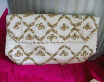 Fancy Vintage Beaded Handbag, Clutch Handbag, Evening Bag, Gold Beaded, Holiday Purse, Vintage 50s Hong Kong