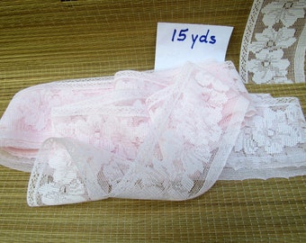 Vintage Palest of Pink Wide Flat Lace Yardage, 3 1/2 Inches x 15 Yards, Pink Floral Lace