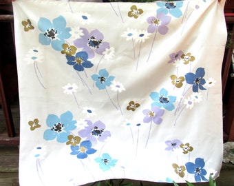 Vintage 50's Fiberglass Fabric Panel Yardage, NOS Unused, 43in W x 38 1/2in L, Smooth Texture Mid Century Flowers, Gold, Violet, Blue, White