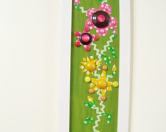 Abstract Flowers Wall Art: Vintage Buttons, Fabric, Lace/Fits Small Space
