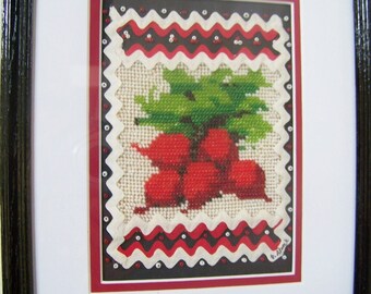 Sale - Vintage Beaded Cross Stitch Radishes/Rick Rack Trim - Mother's Day Gift - 1970's Hand Stitched Embroidery Wall Hanging -Matted/Framed