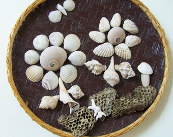 Seashell Flowers, Honeycomb & Wicker Wall Hanging - Natural Motif - Seashell Mushroom, Butterfly and Honeycomb Piece - Upcycled Wicker Tray