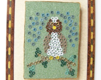 Owl Wall Art Relief Wall Hanging - Up Cycled Belt Grommets - One of a Kind - Green, White & Brown - Kid's Room/Home Decor  - 9 x 11 Frame
