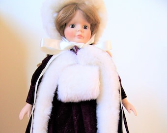 Vintage Porcelain Doll, Velvet & Fur Outfit: 1980s with Stand