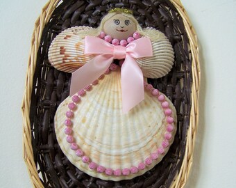 Sea Shell Angel Wall Hanging - Original Baptism/1st.Communion/Baby Gift - Kid's Room/Nursery Decor - Rattan Wicker Tray