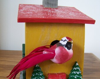 Red Cardinal Birdhouse - Red & Yellow - Feathered Bird - Trees with Snow - Porch/Home Decor - Hand Painted/Decorated