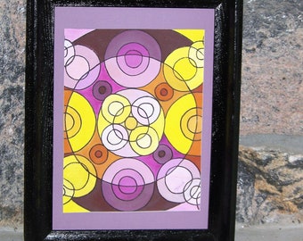 Vintage Abstract Circles Design Oil Painting - Gallery Wall Art - 1960's Purple & Yellow Kaleidoscope Eye Catching Design - Matted/Framed