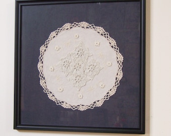 Hand Crocheted Doily Flower Wall Hanging: Vintage Pieces/Collage/Framed