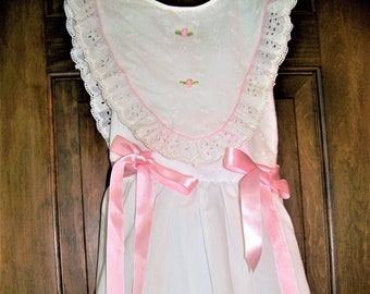 Girls White Summer Sundress - 2 Piece Eyelet Dress/Bodice Cover Up - Size 6x - Vintage 1980's - Pink Trim/Flowers/Lace - Made in USA