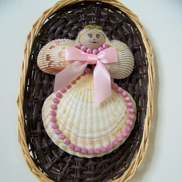 Seashell Angel Original Wall Relief - One of a Kind Baptism/1st.Communion/Baby Gift - Kid's Room/Nursery Decor - Rattan Wicker Tray