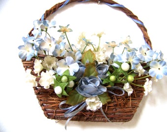 Flower Basket Wall Hanging - Mother's Day Gift - Wood Basket, Silk Flowers, Ribbon & Bow - Any Room or Porch