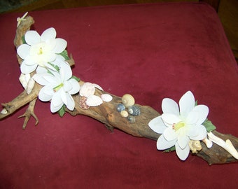 Lotus Flower Driftwood & Seashell Sculpture - Seashell Butterflies/Snails - Silk Flowers - Porch/Home Decor - Handmade Accent  Piece