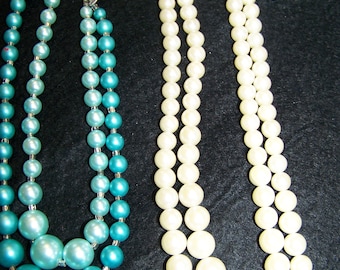 Pearl Necklace Costume Jewelry Set: 1950's Blue/White Double Strand