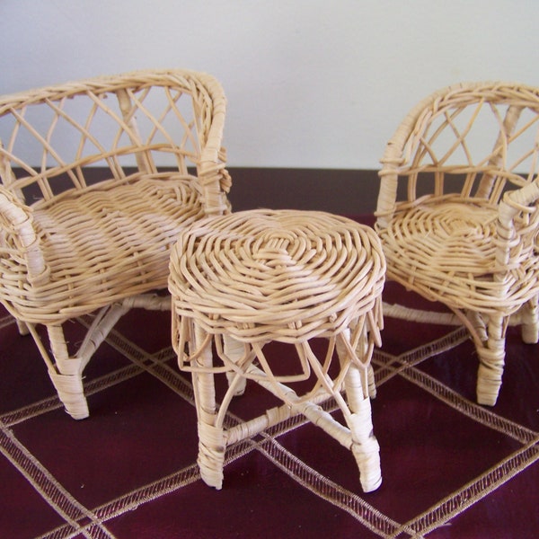 Wicker Doll House Furniture - Gift for Girl - 1980's Set of Three - Loveseat, Chair & Table - Fits Barbie Dolls - Great Vintage Condition