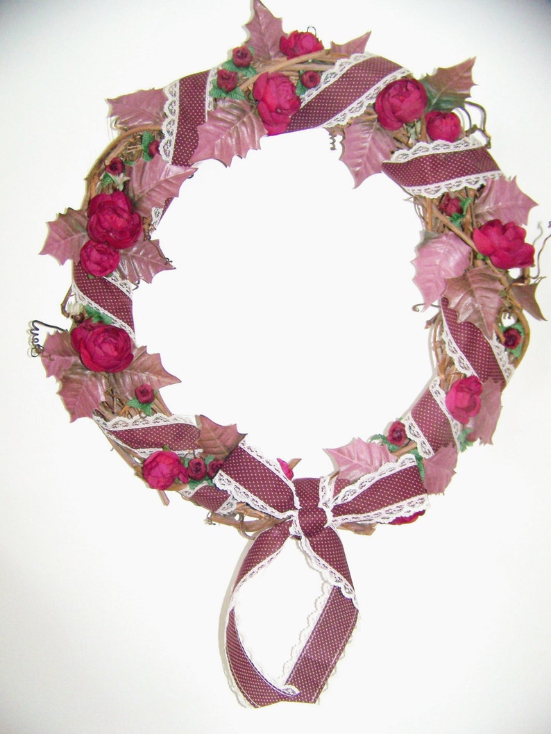 Polka Dot with Lace Ribbon 16 Diameter Burgundy Silk Roses /& Leaves on Grapevine Beautiful Floral Roses Wreath for Door or Wall