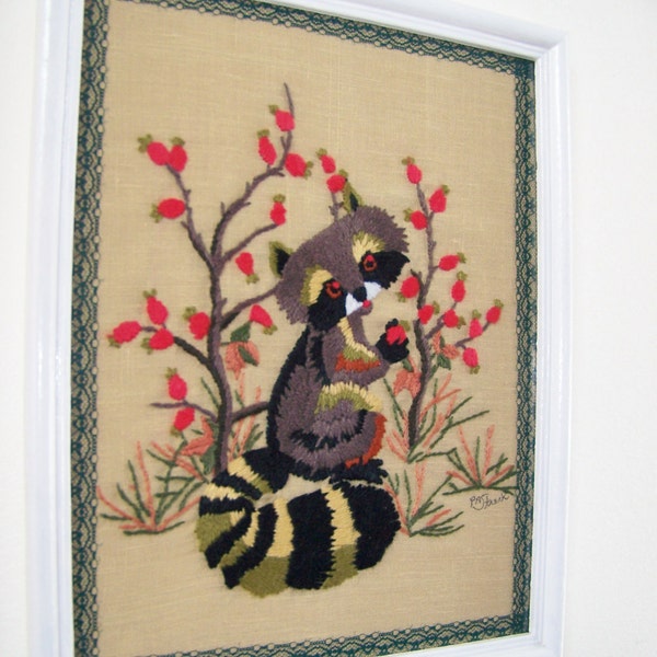Adorable Vintage Nursery/Child's Room Wall Decor - Completed Embroidery Woodland Racoon - 1970's -Framed - " Furry Bandit " - Free Shipping