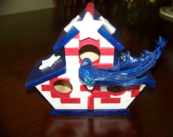 Americana Hand Painted Birdhouse: Stars & Stripes/Sequined Bird