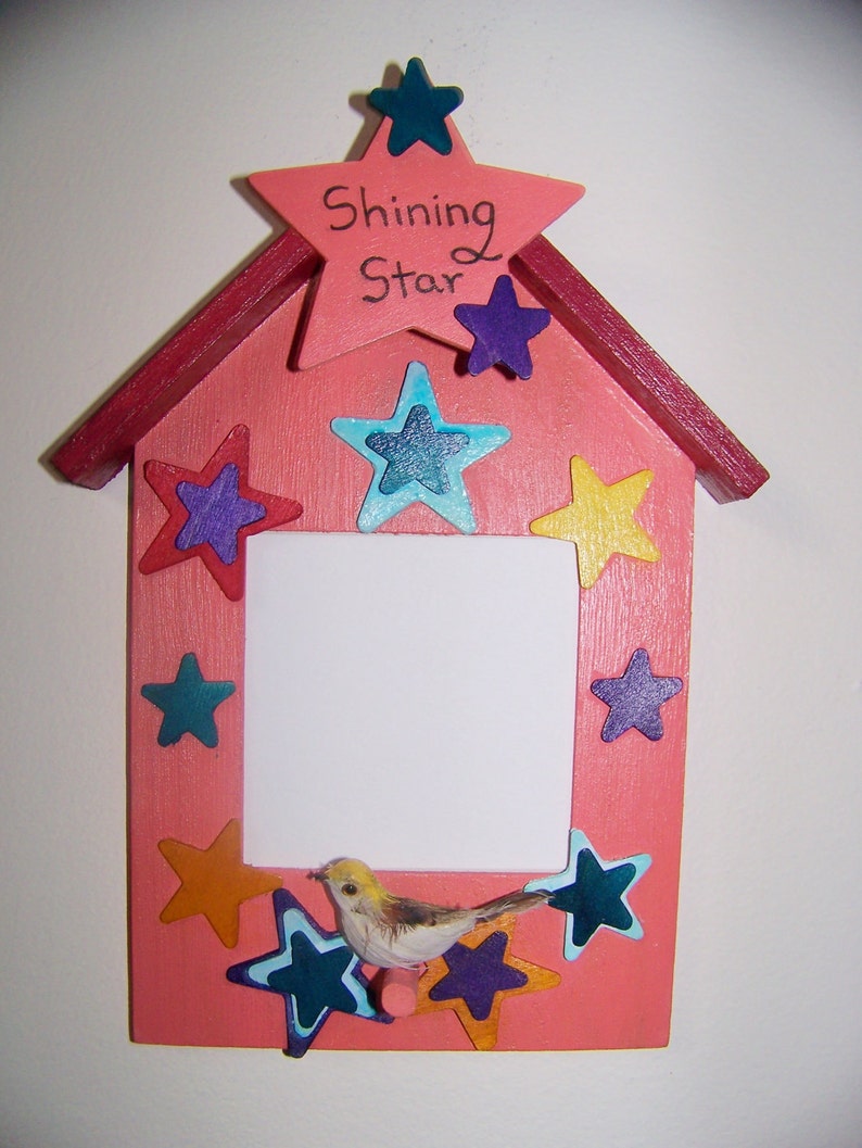 Stars on Pink Wood Birdhouse Frame Photo Frame Gift from Daughter Shining Star Can Personalize 3 x 3 Photo