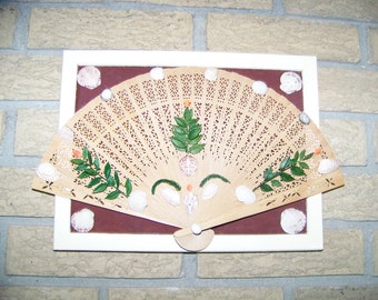 Seashells & Intricate Wood Fan Wall Hanging -Mother's Day Gift -Upcycled 1920's Asian Fan - Original Design - Porch/Home Decor - White Frame