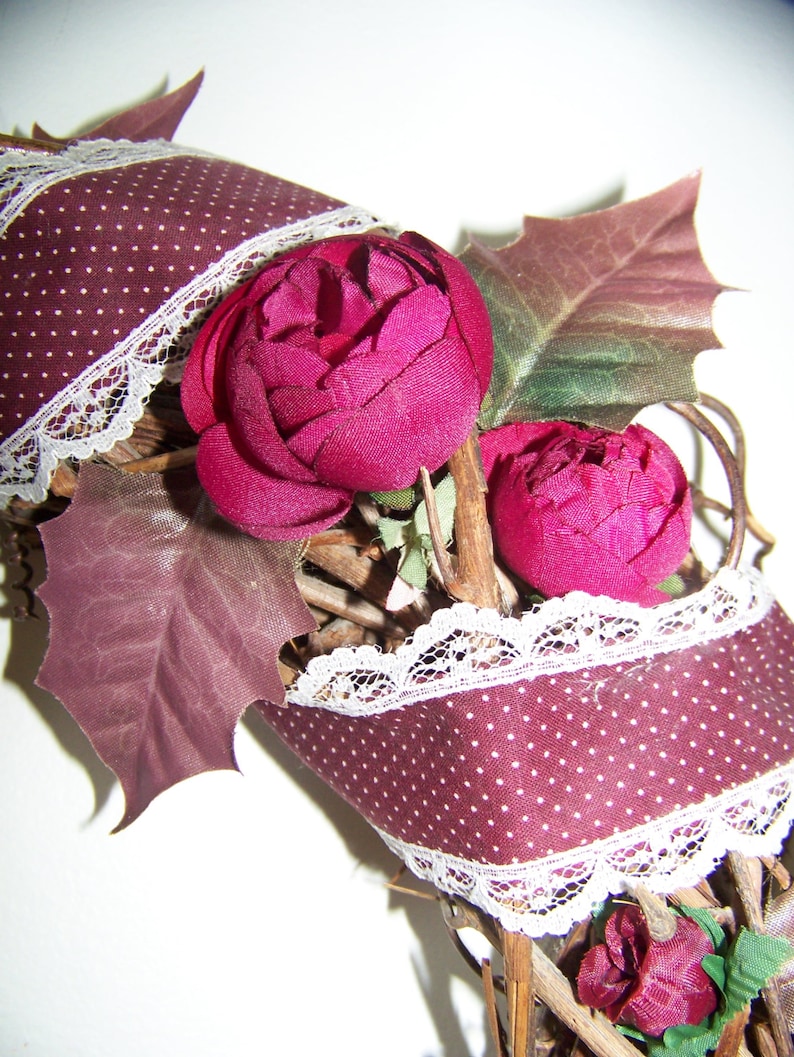 Polka Dot with Lace Ribbon 16 Diameter Burgundy Silk Roses /& Leaves on Grapevine Beautiful Floral Roses Wreath for Door or Wall