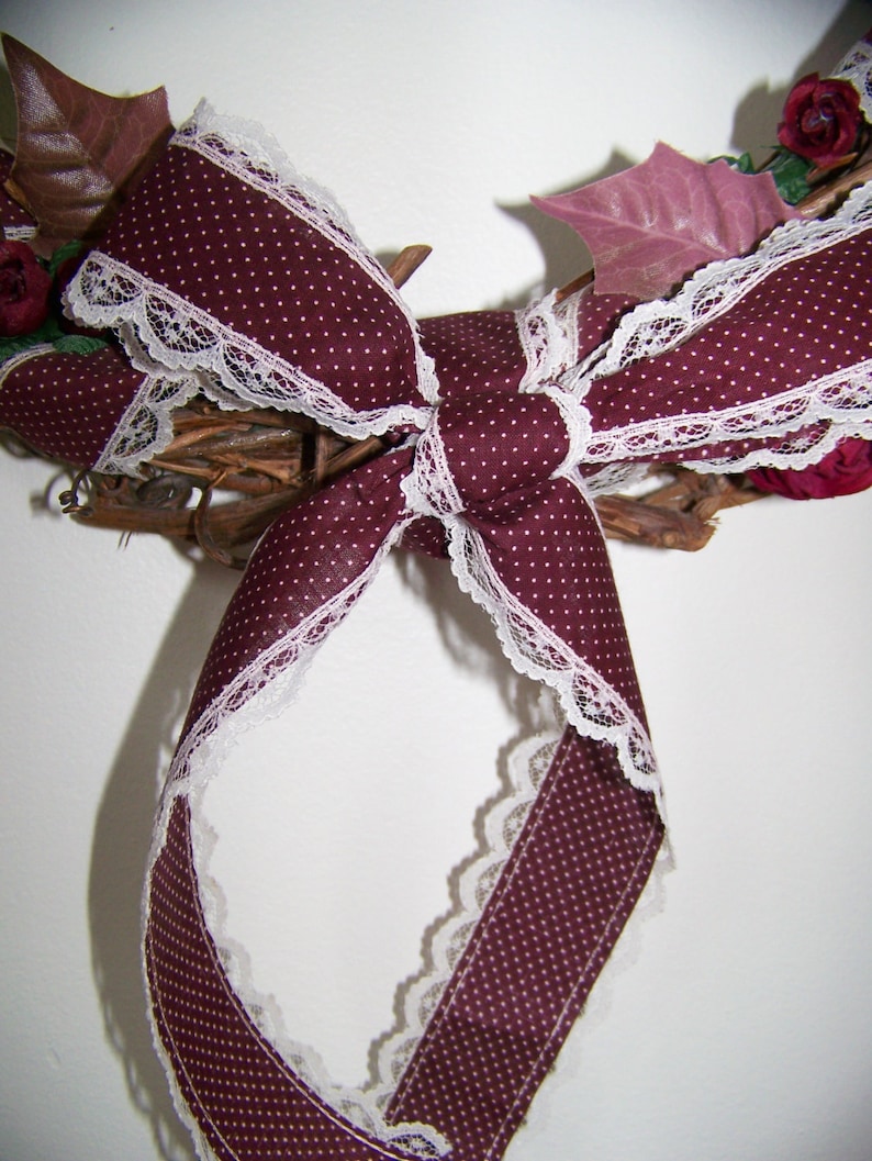 Polka Dot with Lace Ribbon 16  Diameter Burgundy Silk Roses /& Leaves on Grapevine Beautiful Floral Roses Wreath for Door or Wall
