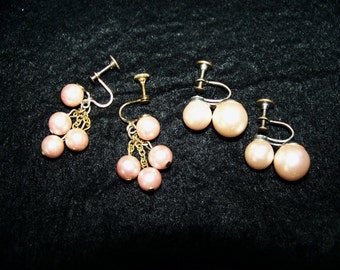 Vintage Pearl Earrings Sets -Pink Faux Pearls -Mother's Day Gift - 1950's Screw Back -Birthday/Wedding/June Birthstone Gift- Great Condition