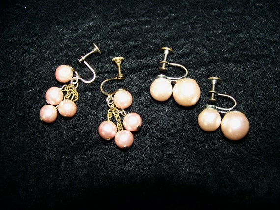 Vintage Pearl Earrings Sets -Pink Faux Pearls -Mo… - image 1