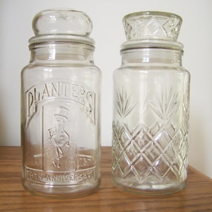 Mr. Peanut Glass Jars Set of 2 - Vintage 75th Anniversary 1981 & Diamond Pattern 1983 - Excellent Condition