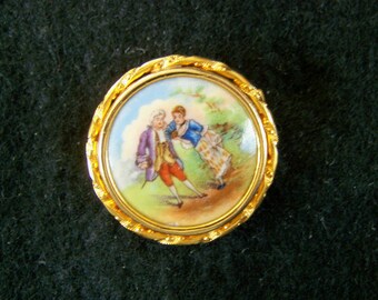 Antique Limoges Porcelain Brooch: 1920s Hand-Painted Romantic Couple