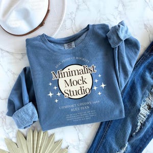 Comfort Colors 1466 Blue Jean Crewneck Sweatshirt Mockup C1466 Blue Jean Mockup Print on Demand Boho Aesthetic Minimalist Digital Download