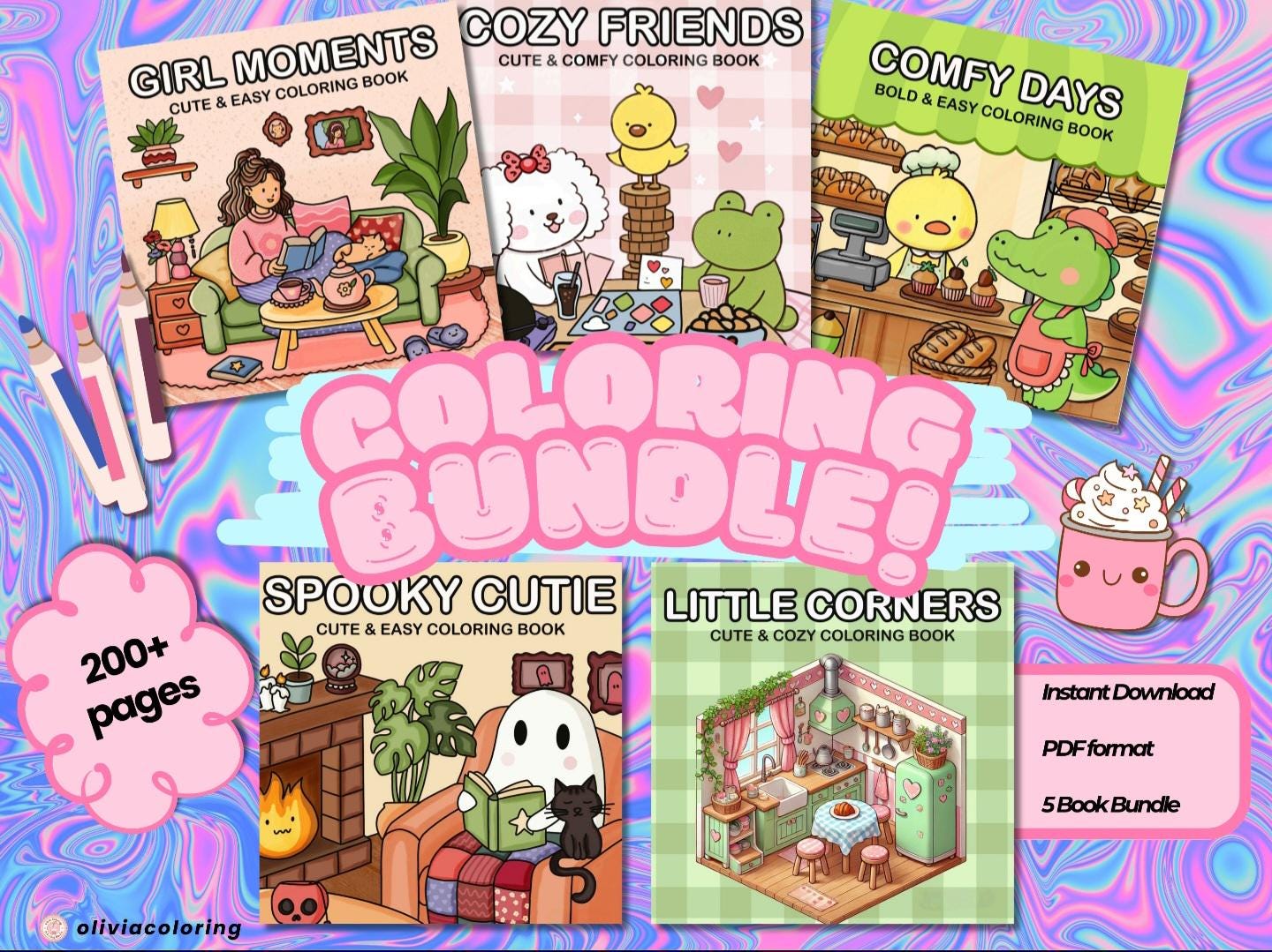 Cute and Cozy Coloring Book Bundle â 200+ Printable Pages | Instant PDF Download for Kids & Adults