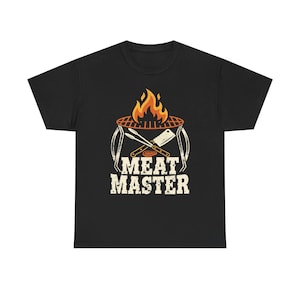 Meat Master BBQ Grill T-Shirt | Barbecue Flames, Cleaver & Fork Design | Funny BBQ Shirt | Grillmaster Gift Tee